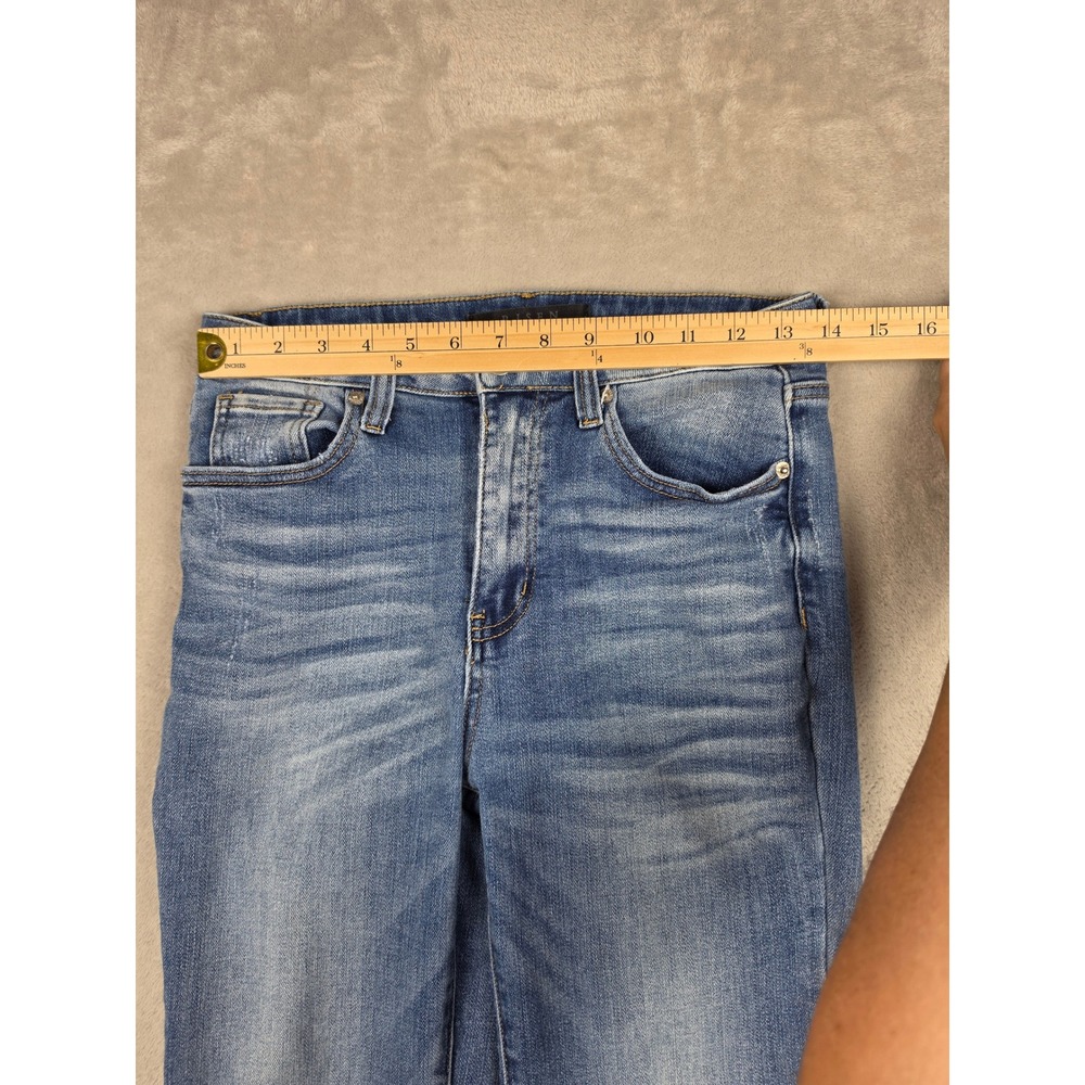 Risen Flare Jeans Womens 28/7 Blue High Rise Raw Hem Stretch Boho Bell RDP1292 - Picture 7 of 12